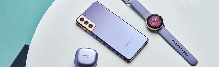 Samsung Galaxy S21 phones and accessories in violet