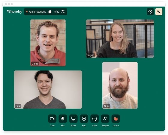 Four people using Whereby to video call each other for a work meeting.