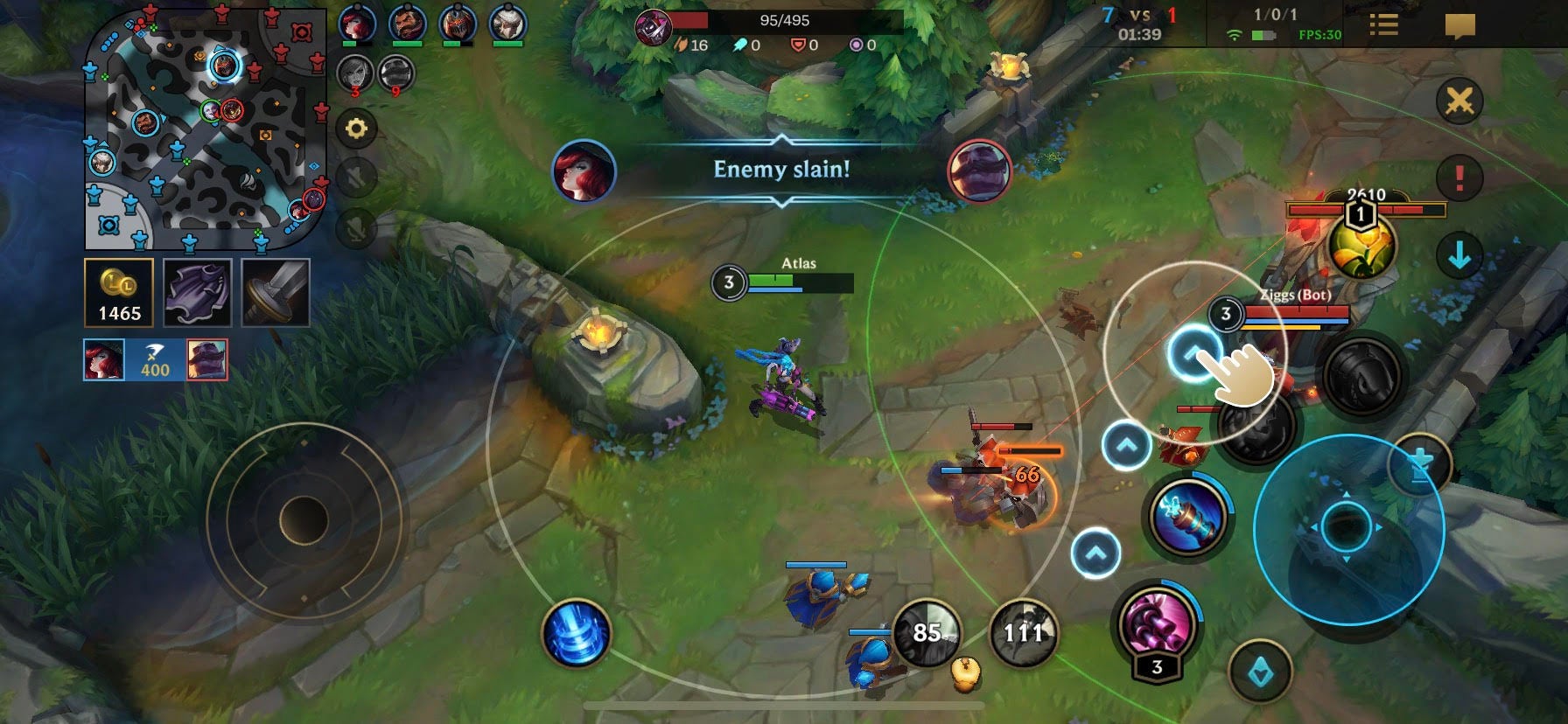 A screenshot of the game League of Legends: Wild Rift, in which a champion is attacking a tower