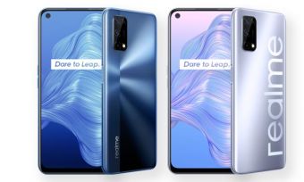 Realme 7 5G phone in dark blue and silver colourways