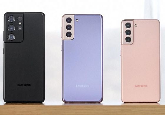 Samsung Galaxy S21 series phones in black, purple and pink