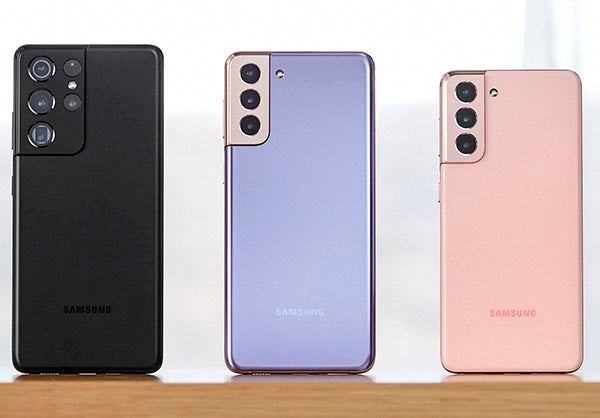 Samsung Galaxy S21 series phones in black, purple and pink