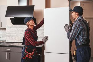 Men moving fridge