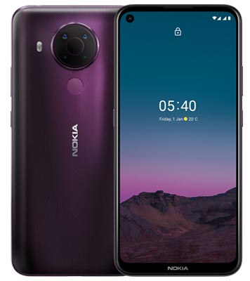 Front and back of Nokia 5.4 in dusk purple colourway