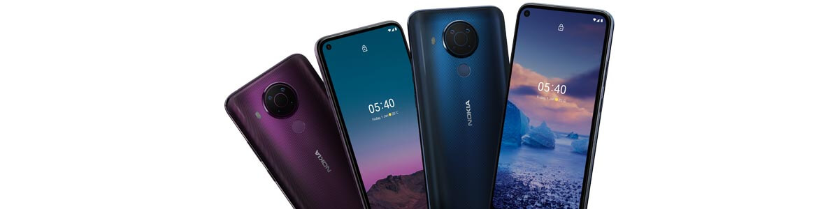 Front and back of Nokia 5.4 phones in blue and purple colourways