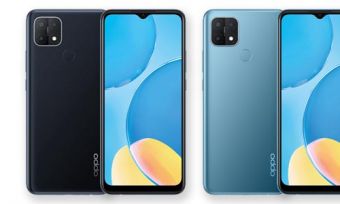 Front and back of OPPO A15 phones in blue and black colourways