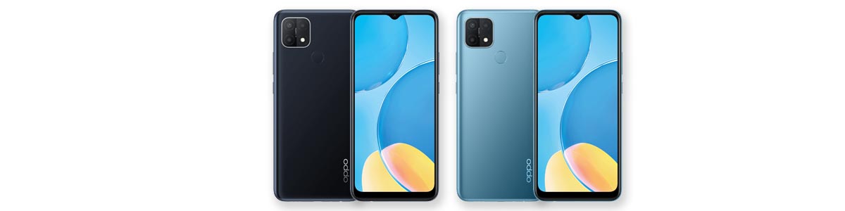 Front and back of OPPO A15 phones in blue and black colourways