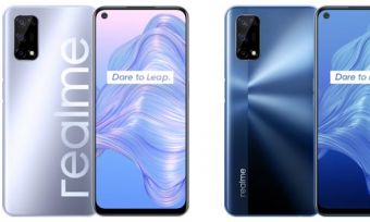 Front and back of Realme 7 5G phones in blue and silver