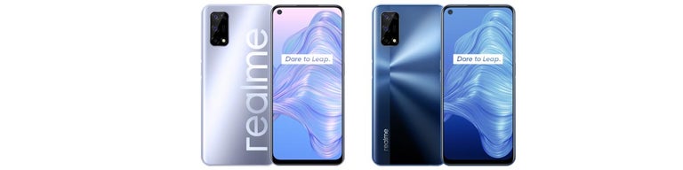 Front and back of Realme 7 5G phones in blue and silver