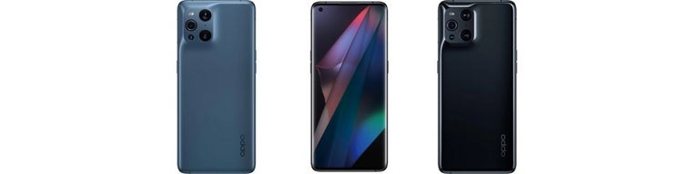 The OPPO Find X3 Pro in two colours, and from the front