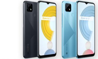 Front and back of Realme C21 phones in black and blue colours