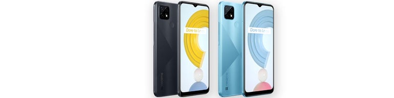 Front and back of Realme C21 phones in black and blue colours