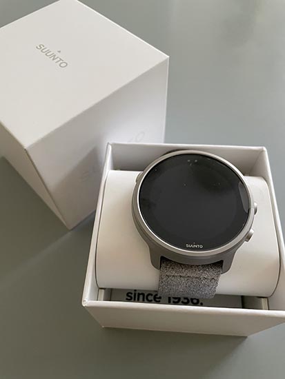 Grey colourway of Suunto 7 Titanium watch in box