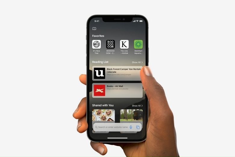 An iPhone showing a revamped Safari browser