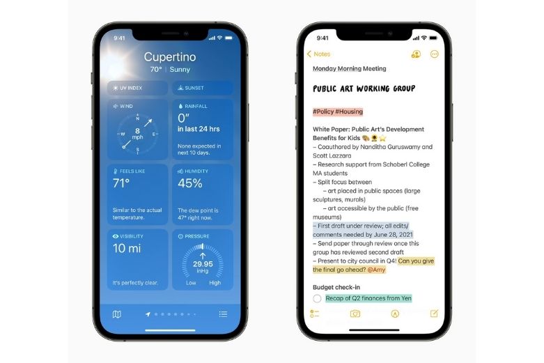 Two iPhones showing redesigned weather and notes apps