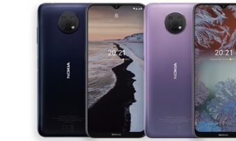 Front and back of Nokia G10 phones in dark blue and light purple colourways