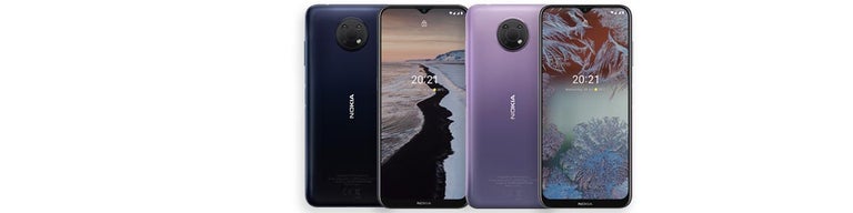 Front and back of Nokia G10 phones in dark blue and light purple colourways