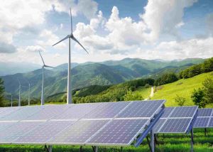 Wind turbines and solar panels in a field