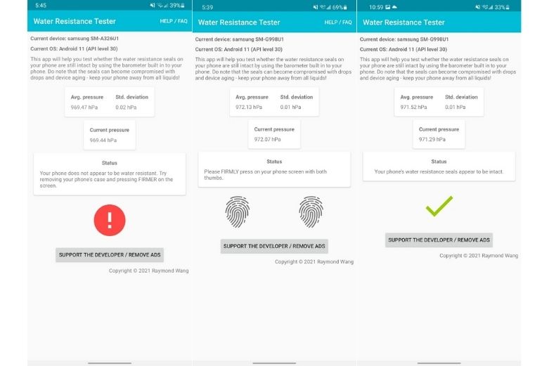 Screenshots of the Water Resistance Tester app