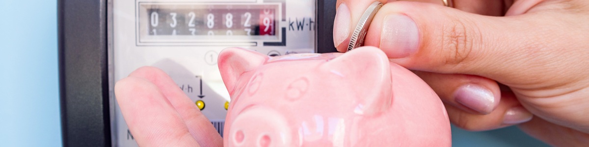 Piggy bank in front of a usage meter