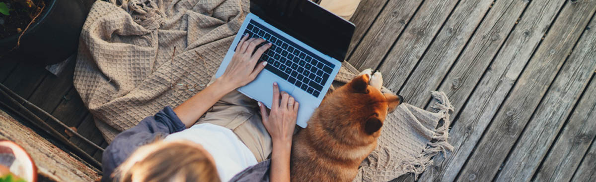 Overhead shot of woman using laptop on patio with dog