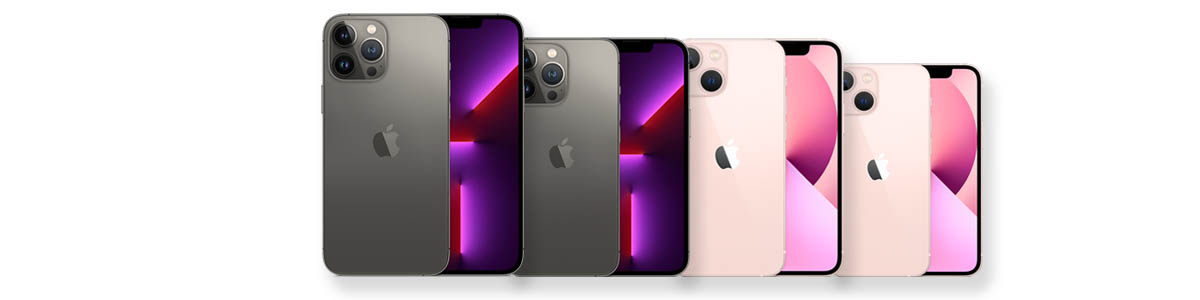 Selection of iPhone 13 range phones in grey and pink colourways