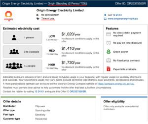 Origin Energy's standing offer two-period time of use VEFS