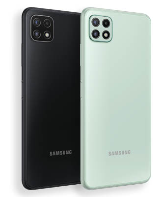 Back of grey and mint Samsung Galaxy A22 5G phones