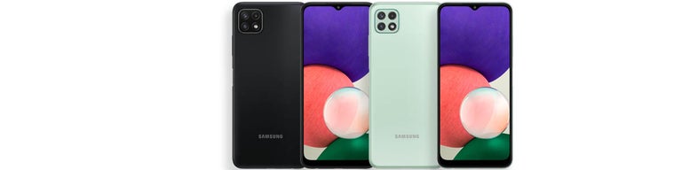 Front and back of Samsung Galaxy A22 5G phones in grey and mint