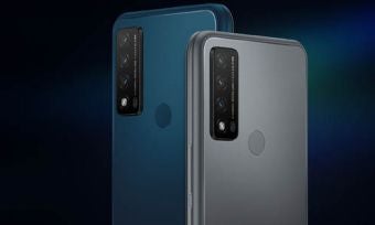 Back of grey and blue TCL 20 R 5G phones against dark background
