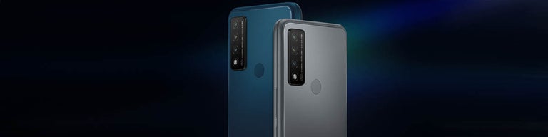 Back of grey and blue TCL 20 R 5G phones against dark background