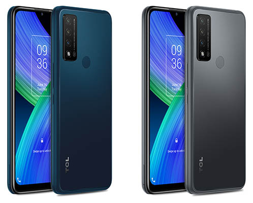 Front and back of TCL 20 R 5G phones in grey and blue