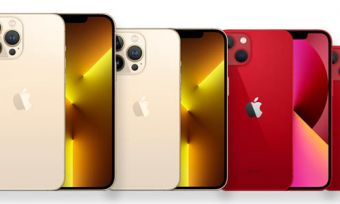 Selection of iPhone 13 range in gold and red colourways