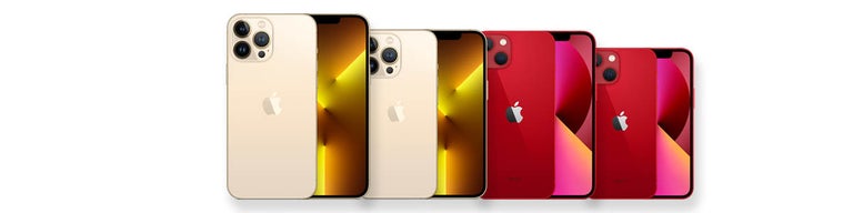 Selection of iPhone 13 range in gold and red colourways