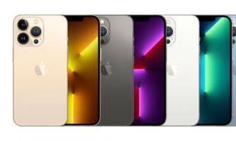 Front and back of iPhone 13 Pro phones in four colours