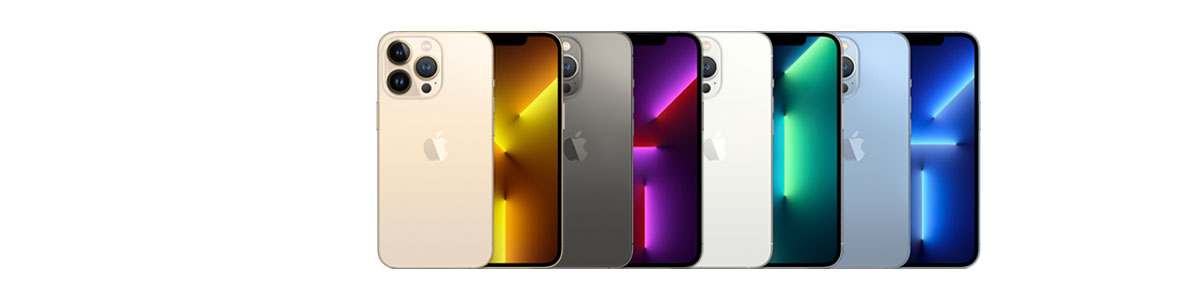 Front and back of iPhone 13 Pro phones in four colours