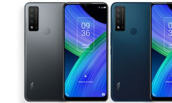 Front and back of TCL 20 R 5G phones in grey and blue