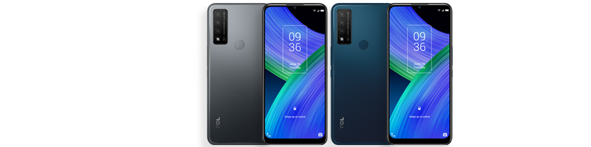 Front and back of TCL 20 R 5G phones in grey and blue