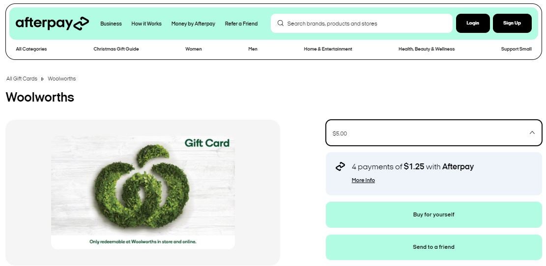 Woolworths Afterpay gift card