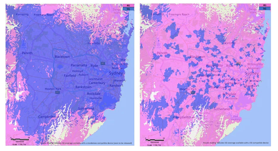 Comparison of Sydney TPG 5G coverage maps