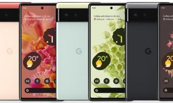 Front and back of Google Pixel 6 phones in three colours