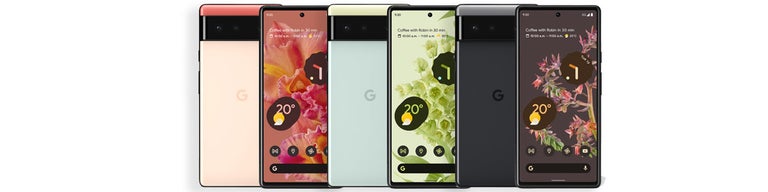 Front and back of Google Pixel 6 phones in three colours