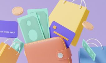 Cartoon shopping bags and money on a purple background