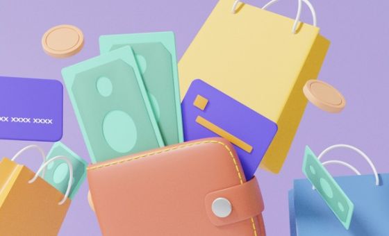 Cartoon shopping bags and money on a purple background