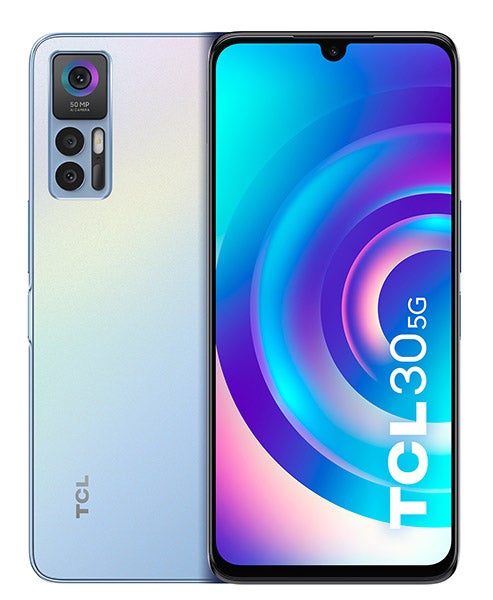 Front and back of TCL 30 5G phone in blue