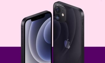 Black iPhone 12 with purple background