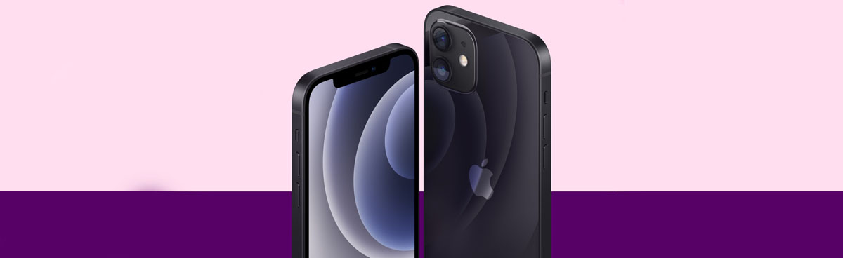 Black iPhone 12 with purple background