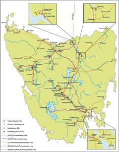 Electricity transmission network map for TasNetworks for Tasmania