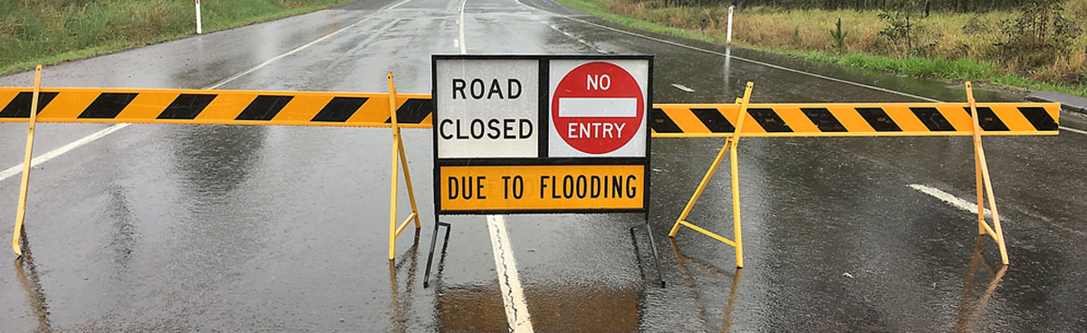 Closed road due to floods in Queensland, Australia