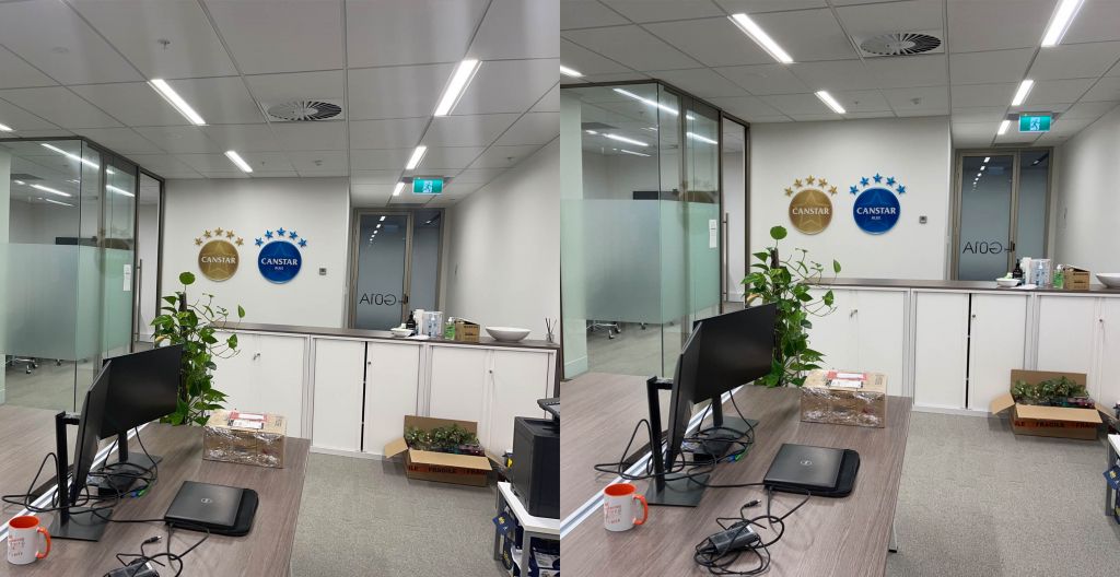 Two side-by-side shots of interior office